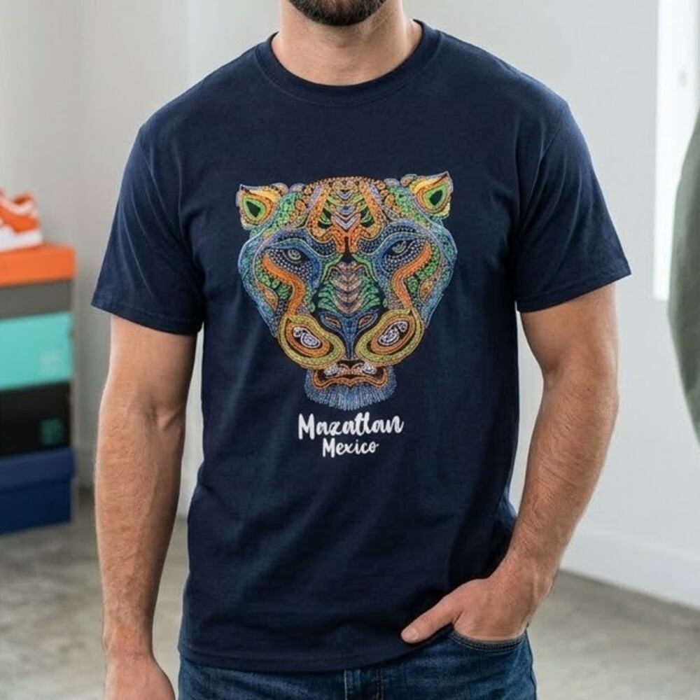 Mazatlan Mexico Tiger Jaguar Aztec Tee Colorful Souvenir T-Shirt Top Mens Size M